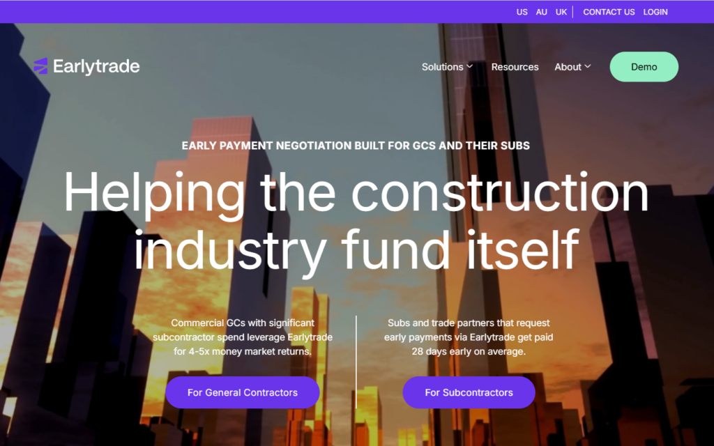 Earlytrade homepage for construction payments
